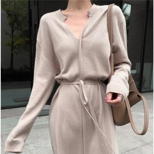 Vintage Women Knitted Dress Autumn Winter Brief V-neck Warm Drawstring Lace-up Loose Midi Female Sweater Dress 2020