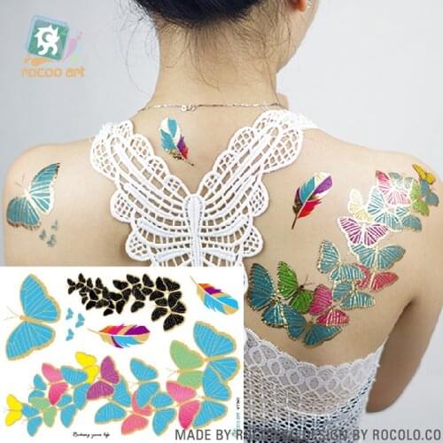 Rocooart Butterfly Flash Tattoos Metallic Feathers Fake Tattoo Taty Body Art Waterproof Temporary Tattoo Stickers Henna Tattoo