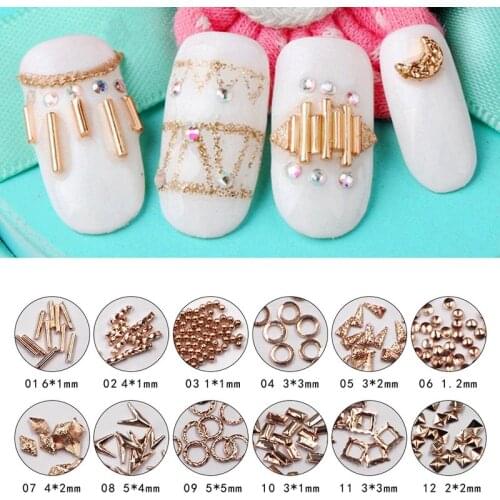 Rose Gold Rivet Nail Studs 3D Nail Art Decoration Grey Gold Circle Star Round Square Triangle Mixed Accessories in Wheel for DIY