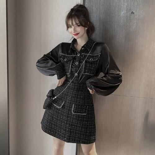 Womens Autumn Stitching Retro Long-Sleeved Shirt + High-Waisted Woolen A-Line Skirt Fashion Female Two-Piece Sets