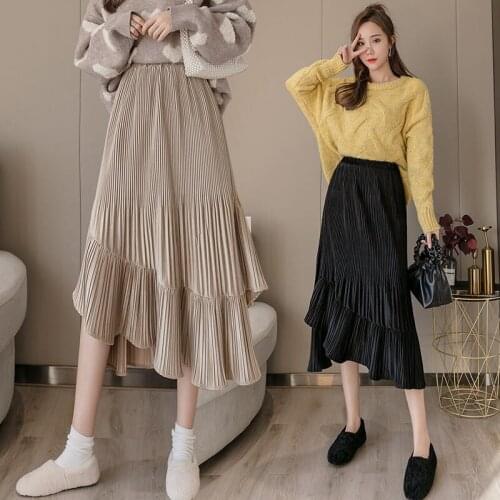Skirts Womens Gold Velvet Elastic High Waist Skirt Spring New Irregular Pleated Skirt Fashion Long Cake Skirt Femme Jupe R019