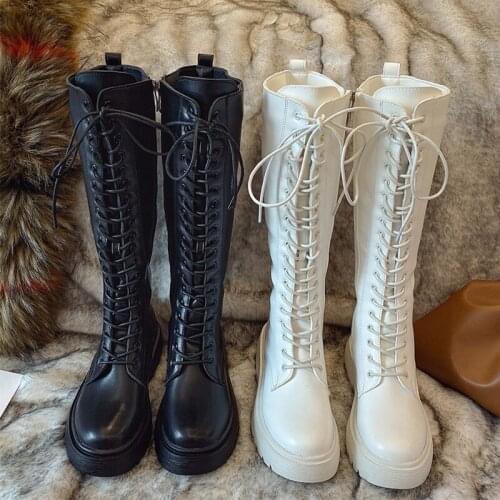 White Knee High Boots Women 2021 Autumn Winter Black Gothic Shoes Fashion Square Heels Lace Up Leather Platform Long Boots