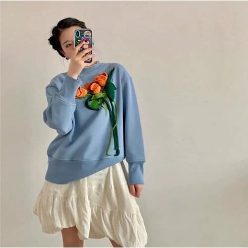 3D Tulip Designer Casual Long Sleeve Women O-Neck Hoodless Clothes Autumn New Loose Blue Top Ladies Cotton Top Coat 2021 New