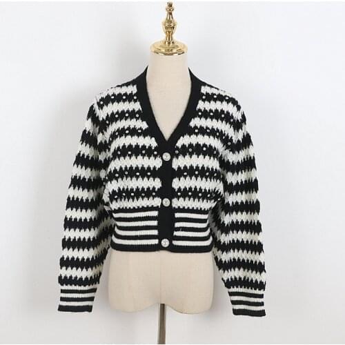 Women Striped Knit Sweater Runway Cardigan Cropped Top Long Sleeve V-Neck Sea Horse Hair Warm Shirt High Street Fashion Sweater
