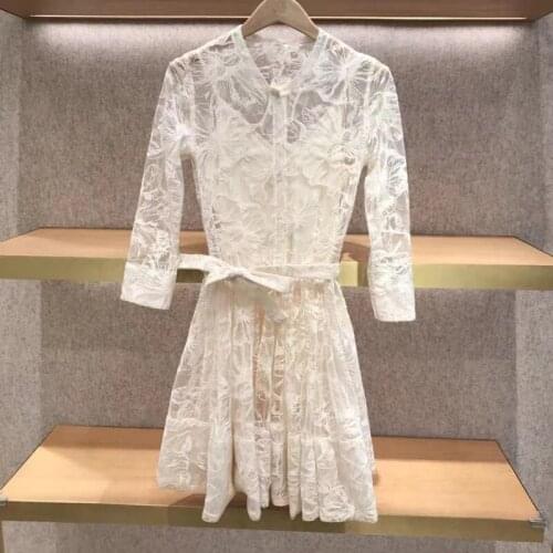 Summer womens lace dress V-neck hollow casual lace patchwork dress French brand casual office dress female