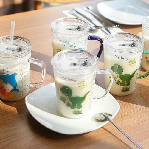1Set Children Cartoon Milk Cup with Straw Transparent Scale Glass Cup for Kids