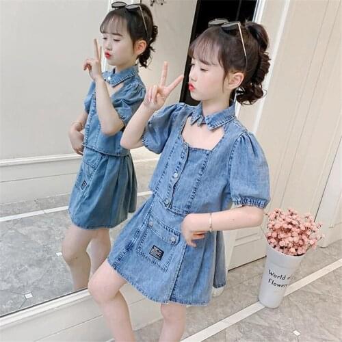 2021 summer Kids Girls Clothes Sets Children Denim Tops skirt Outfits New Teens Girls Casual 2 Piece Suit 3-12Y