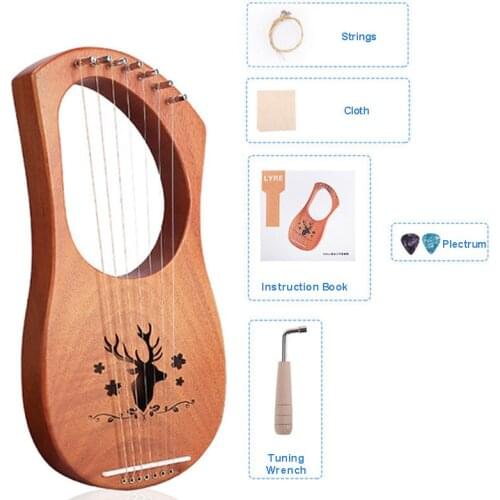 7 Strings Lyre Harp Mahogany Wood Come With Instruction Tuning Wrench Plectrum Cloth Greek Small Instrument Special Musical Gift
