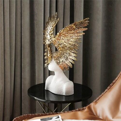 Abstract Angel Character Sculpture Carved Golden Wings Decoration Furnishing Articles Artwork Home Decor Craft Resin Art Gift