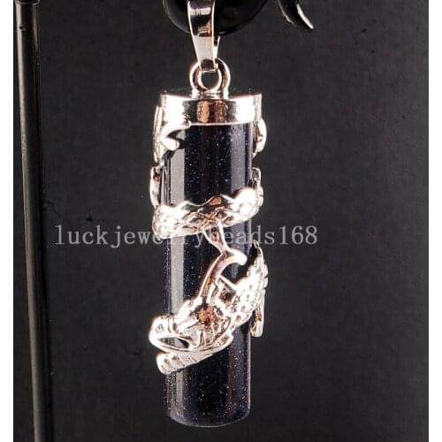 Free Shipping Women Fashion Jewelry 12x41mm Beautiful Blue Goldstone Dragon Cylinder Pendant Bead C3861
