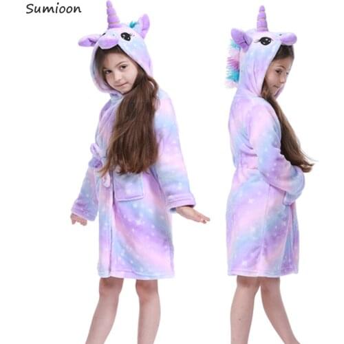 Cartoon Kids Robes Flannel Child Boys Girls Robes Animal Unicorn Hooded Bath Robes Long Sleeve Baby Boy Bathrobe Child Clothing