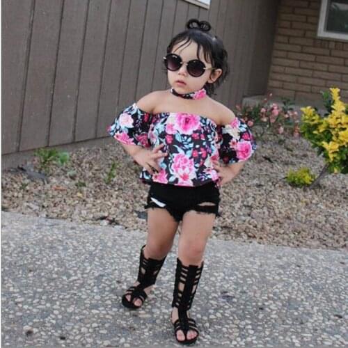 2017 INS girl outfits set / floral print headband + off the shoulder tops + black jean shorts