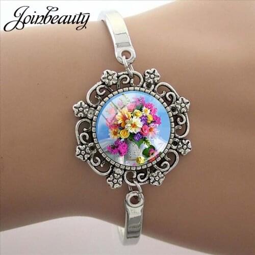 JOINBEAUTY Beautiful Colorful Flower Photo Bracelet Handmade Glass Cabochon Fashion Charm Women Engagement Wedding Jewelry F01