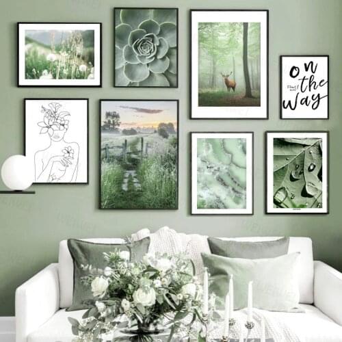 Forest Trail Deer Succulents Green Nature Wall Art Canvas Painting Nordic Posters and Prints Wall Picture for Living Room Decor