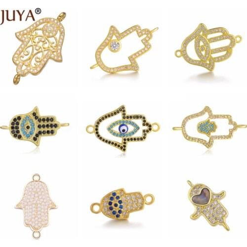 Juya Series Copper Metal Inlay Zircon Hamsa Hand Charm Connectors Fatima Hand Jewelry Findings Accessories For Bracelets Making