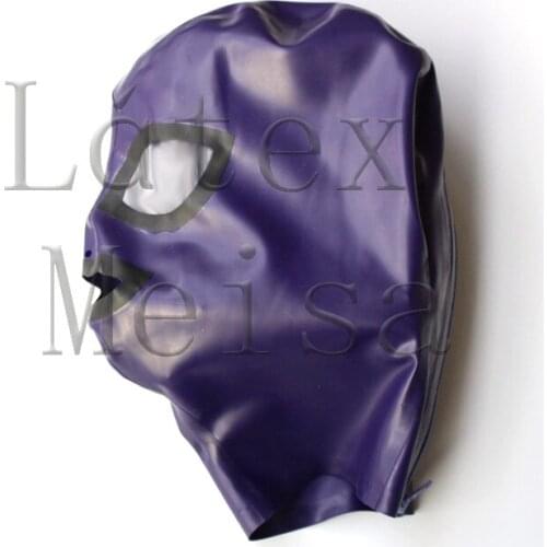 Metallic purple Latex hoods Fetish open eyes nostrils and mouth for adults with back zipper