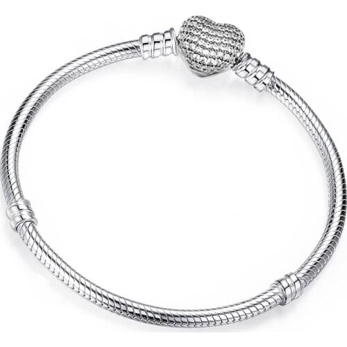 Fashion Love Heart S925 Silver Bracelets Snake Chain Bangle For European Flat Silver Charm Beads Girl Women Jewelry Gift Making
