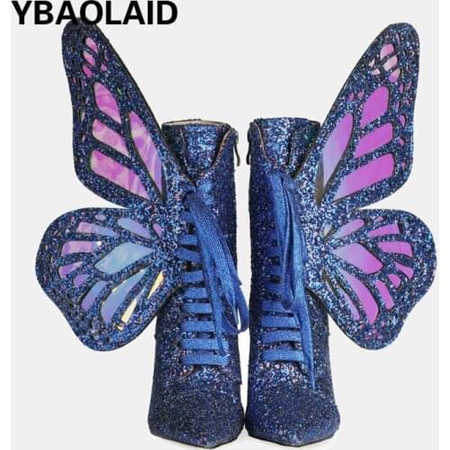 Fashion Cross-lace Sequined Butterfly Wings Short-tube Womens Boots for Autumn and Winter New Pointed Toe Side Zipper Stilettos
