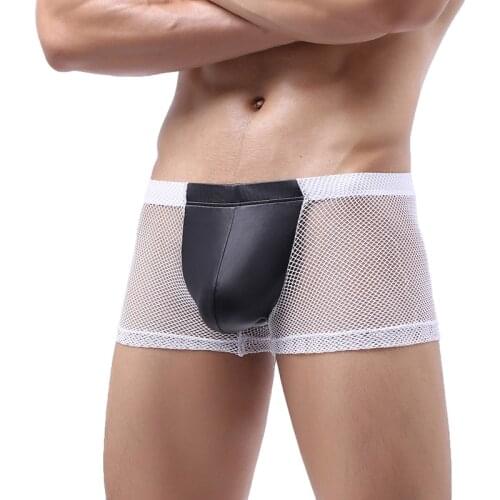 Mens Boxer Shorts Sexy Mesh See Through PU Leather Penis Pouch Underwear Exotic Gay Panties Calzoncillo Hombre Boxershorts XXL
