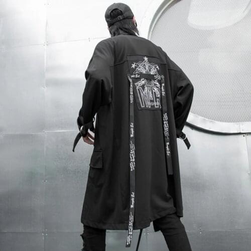 Men autumn winter ribbons patchwork punk long trench coat wool jacket mens hip hop vintage overcoat casaco masculino