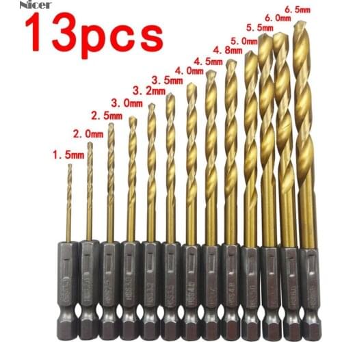 13pcs/lot HSS Hexagonal Titanium Coated Drill Bit Set 1/4 Hex Shank Twist Drill For Woodworking Metal Tools Set 1.5-6.5mm