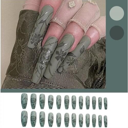 Fake Nails Green Pear and Green Petals Wear Nail Stickers Finished Nails 24 Nail Stickers With Glue Birthday Gift can CSV