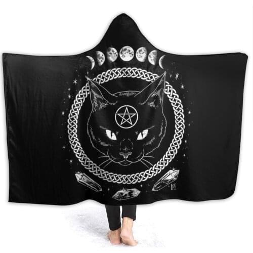 Wearable Cartoon Fur Blanket with Hooded Satanic Cat Cute Bed Blanket Coral Velvet Warm Throw Blanket In Winter