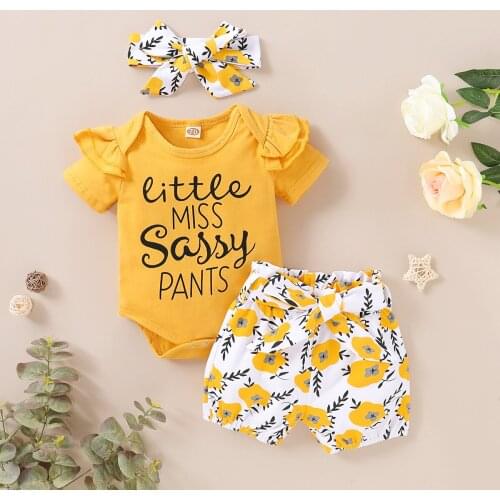 Baby girls newborn clothes top Little miss sasy pant print yellow 3pcs headband shirt +shorts pant 3pcs outfit sets