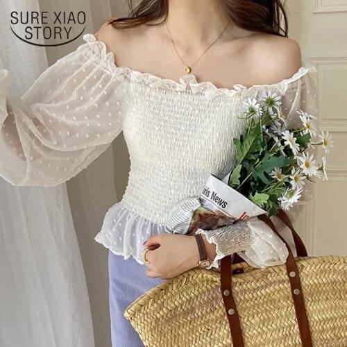 2021 Autumn New Waist Hugging Lantern Sleeve Slimming Tops Off-Shoulder Sweet and Fairy Mesh Stitching Long Sleeve Shirt 10221