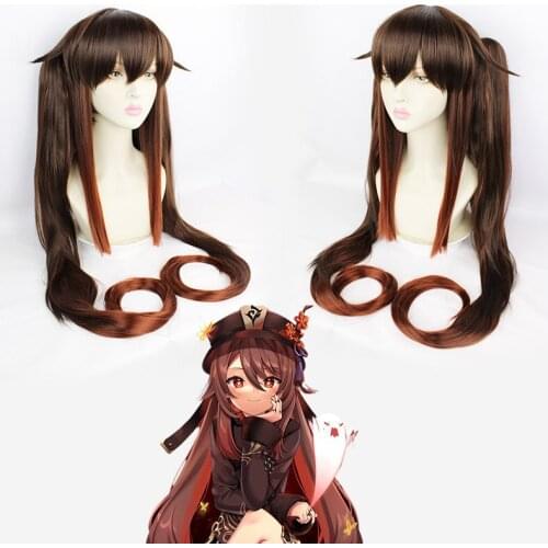 Game Genshin Impact Hutao Cosplay 75cm Christmas Brown Long Wig Cosplay Anime Wigs Heat Resistant Synthetic Wigs Halloween