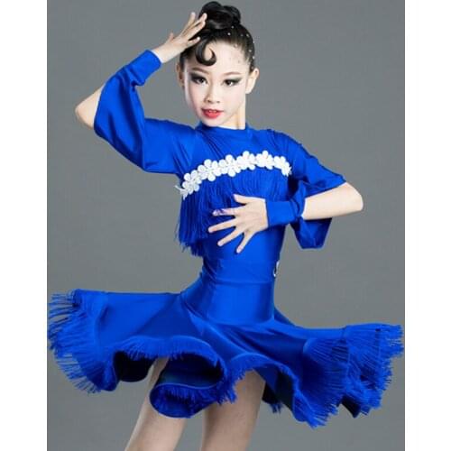 Latin Dance Dress Girls Costume Royal Blue Fringe Lace Dress Kids Party Club Prom Performance Cha Cha Rumba Tassel Dress 1669