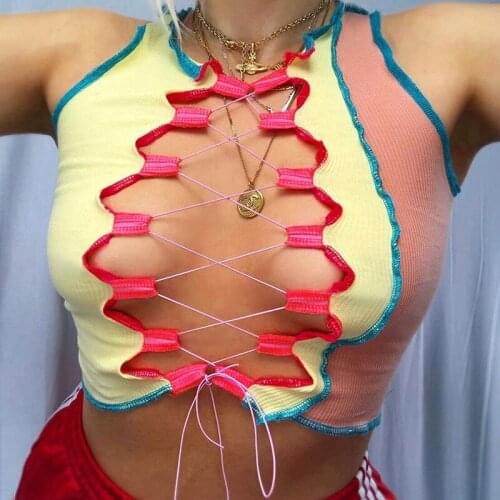 Sexy Mesh Hollow Out Camisole Vest Sleeveless Tank Vest Women Ribbed Tie Dyeing Print Crop Tops Clubwaer Party Bandage Female