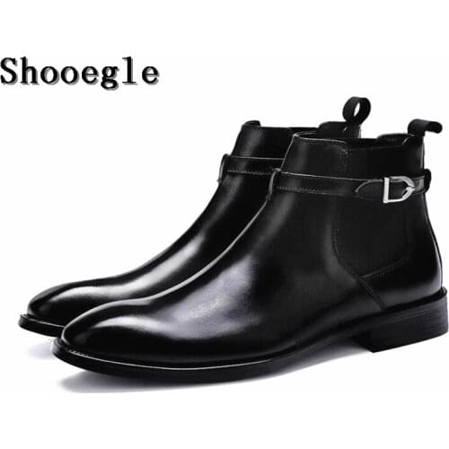 SHOOEGLE Fashion Black Brown Luxury Leather Boots Anti-Skid Ankle Botas Buckle Strap Motorcycle Boots Chaussure Homme EU38-EU46