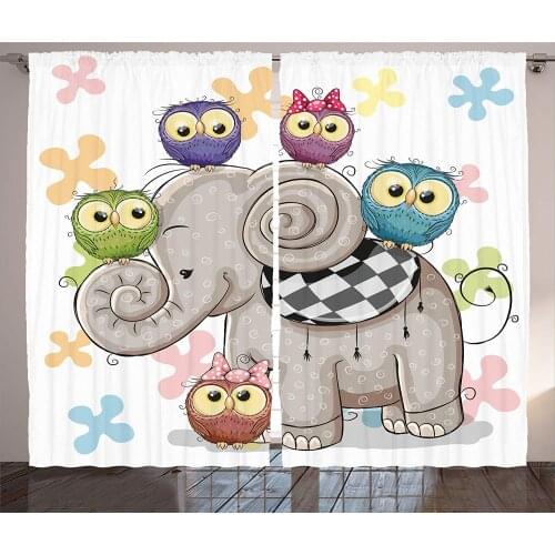 Owl Curtains Home Decor Cute Cartoon Elephant and Owls on a Floral Background Animal Love Big Eyes Boys Girls Decor Living