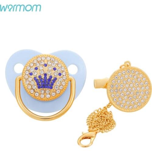 Warmom High Quality Blue Crown Bling Pacifier Baby Weaning Artifact Diamond Baby Crown Pacifier For 0-18 Month Newborn Baby Girl