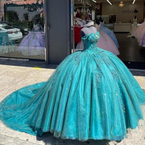 2021 Dark Green Sparkly Ball Gown Quinceanera Dresses Beads Off Shoulder Sequins Applique Sweet 15 16 Dress Party Wear
