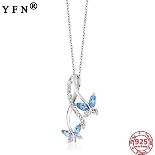 YFN 925 Sterling Silver Butterfly Necklace Blue Crystal Zircon Necklace Pendants Infinity Love Moms Jewelry Valentines Day Gift