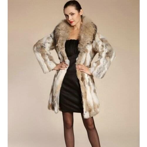 New Real genuine natural rabbit fur coat with raccoon fur collar womens fashion long jacket outwear with fur belt