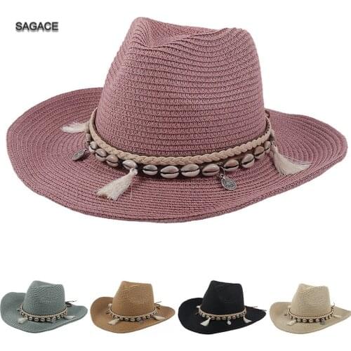 SAGACE 2020 Summer Sun Hat for Women Fashion Hawaiian Raffia Straw Hat Ladies Wide Brim Straw Cap UV UPF50 shell Beach Cap A310