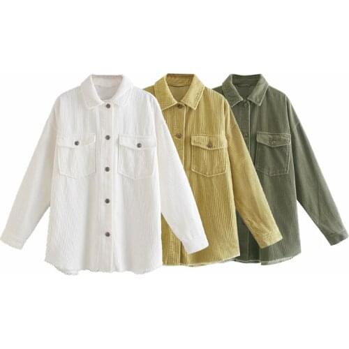 2021 Autumn Women za Fashion Patch Pockets Oversized Corduroy Jacket Coat Vintage Long Sleeve Frayed Female Outerwear Chic Tops