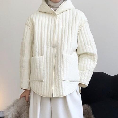 Striped Solid Cotton Coat For Women Hooded Collar Long Sleeve Patchwork Pocket Casual Parka Female Fashion New 2020 Winter C647