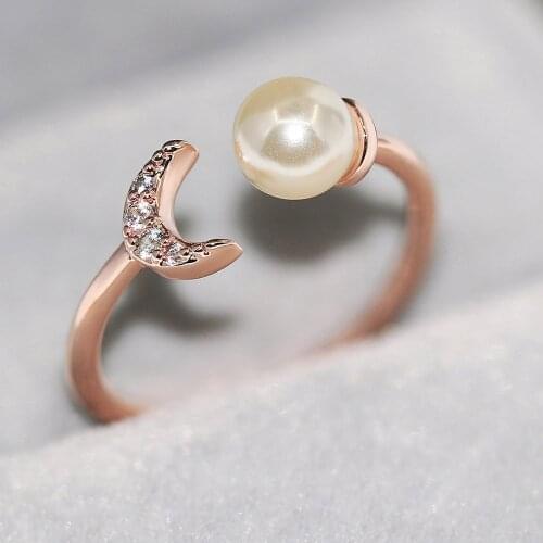 ZHOUYANG Imitation Pearl Rings For Women Simple Elegent Zircon Crescent 3 Color Open Finger Ring Daily Gift Fashion Jewelry R895