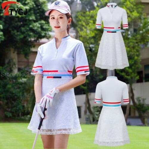 Womens Slim Golf Dress Lace Golf Tennis Baseball Apparel Dress Girls Short Sleeve Uniform Striped Dress Summer Mini Dresses