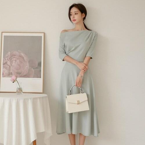 Big Swing Off-Shoulder Autumn Ruched Dress Women Slash Neck Half Sleeve Brief Ladies Dresses Plus Size Robe Longue Femme Ete