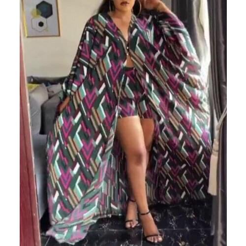 2 Piece Set Women Africa Clothes African Dashiki New Fashion Two Piece Suit Chiffon Long Cloak Tops Shorts Party Wear Dress Lady
