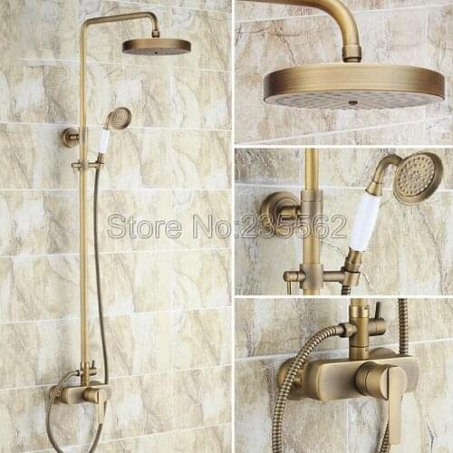 Classic Single Handle Antique Brass Bathroom Rain Shower Faucet Set with Ceramic Handheld Shower Spray lrs178
