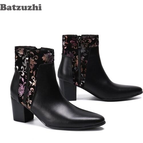 Batzuzhi Black Genuine Leather Ankle Boots 7.5CM Heels High Men Boots Gentlemen chaussure homme Party and Wedding Boots for Men