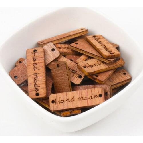 Wooden Button "Hand Made" Brand Tag Accessories For Clothing Handmade Sewing Craft DIY Scrapbooking Decoration 10x29mm 20pcs