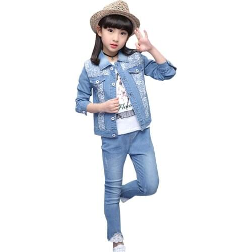 Girls Clothes Lace Floral Costume For Girls Denim Jacket + Jeans Girls Sets Patchwork Childrens Tracksuit