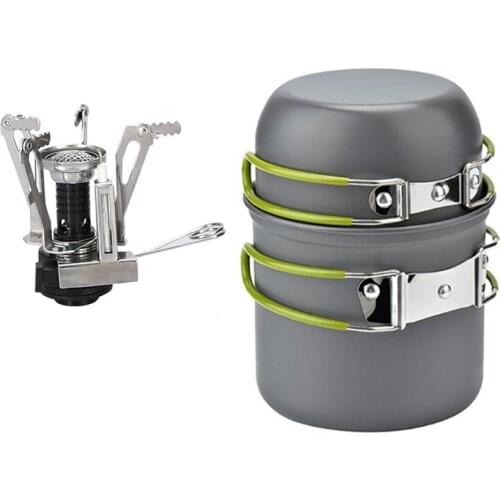 Portable Aluminum Outdoor Cookware Mess Kits Pot Pan Mini Stove Camp Equipment